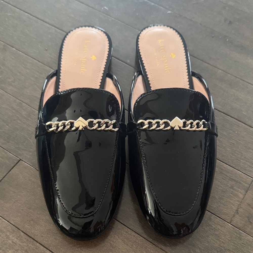 kate spade Black Patent Leather Chain Trim Mules